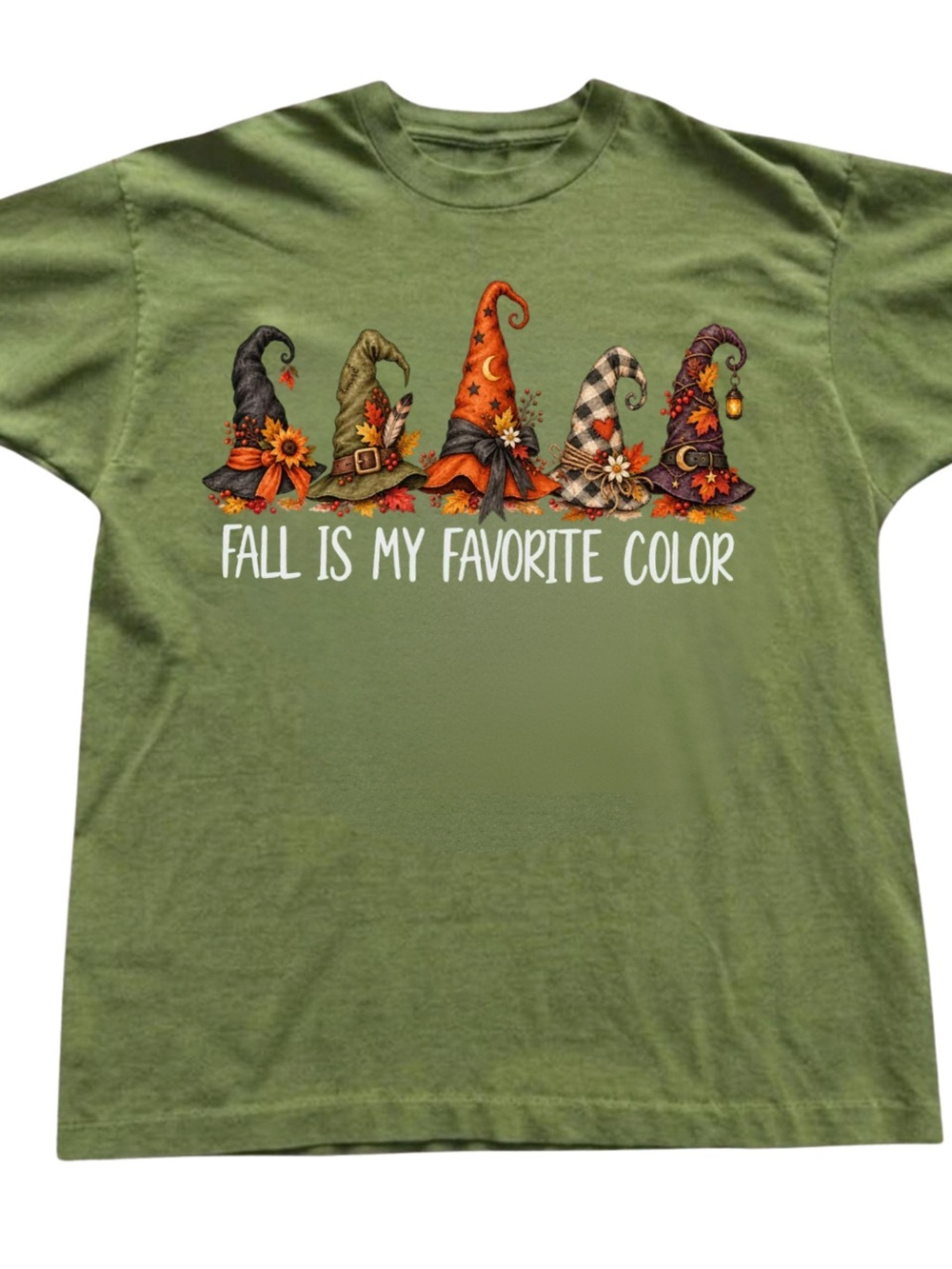 Gildan Olive Green Tee with Fall Witch Hat Graphic, Gift For Her , For Him